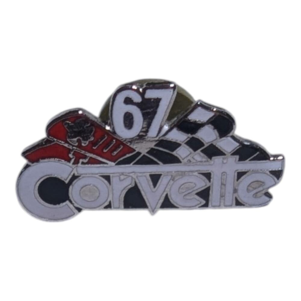 Vtg 1990s 67 Corvette White Black Red Racing Flags Enamel Hat Lapel Pushback Pin